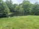 A view of the backyard featuring a pond surrounded by lush greenery and a black chain link fence at 5234 Melbourne Rd, Indianapolis, IN 46228