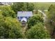 Aerial view of a blue home with a gray roof surrounded by mature trees at 5538 N 700 W, McCordsville, IN 46055