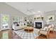 Living room with vaulted ceiling, fireplace, hardwood floors, and stylish furniture at 9055 Glass Chimney Ln, Fishers, IN 46037