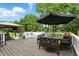 Spacious deck with ample seating under an umbrella, perfect for outdoor dining and enjoying the backyard at 10113 Gallop Ln, Fishers, IN 46040