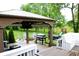 Covered outdoor kitchen and seating area, complete with grill, TV, firepit, and space for entertaining at 10113 Gallop Ln, Fishers, IN 46040