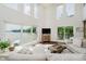 Bright living room featuring lake views from large windows, hardwood floors, and comfortable seating at 121 Wesley Cir, Noblesville, IN 46062