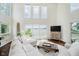 Bright living room featuring high ceilings, many windows with lake views, and hardwood flooring at 121 Wesley Cir, Noblesville, IN 46062