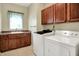 Functional laundry room features modern washer and dryer units, as well as ample cabinet space at 1411 N Claridge Way, Carmel, IN 46032