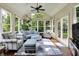 Bright sunroom with many windows, comfortable seating, and access to the backyard at 1411 N Claridge Way, Carmel, IN 46032