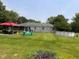 Spacious backyard with covered patio, fire pit, swimming pool, and plenty of space to relax at 2213 Holden Dr, Anderson, IN 46012