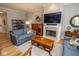 Living room featuring hardwood floors, fireplace, and stylish decor is bathed in natural light at 355 E Ohio St # 211, Indianapolis, IN 46204