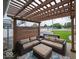Covered outdoor patio with cozy wicker furniture under a pergola with string lights at 524 W Campbell St, Edinburgh, IN 46124