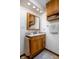 Bright bathroom featuring vanity with a mirror, light fixtures, cabinet storage, and neutral color scheme at 5749 Teresa Dr, Alexandria, IN 46001