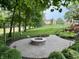 Beautiful backyard stone fire pit with lush landscaping and mature trees at 7106 Royal Oakland Dr, Indianapolis, IN 46236