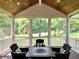 Inviting screened porch with wood-paneled ceiling, offering serene views of the landscaped backyard and surrounding greenery at 7106 Royal Oakland Dr, Indianapolis, IN 46236