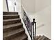 Staircase with white railing, black metalwork, and carpeted steps at 8920 Caminito Rd, Indianapolis, IN 46234
