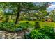 Private backyard oasis with a manicured lawn, mature trees, and comfortable seating areas for entertaining and relaxation at 9520 Settlement W Dr, Indianapolis, IN 46250