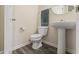 Bathroom with pedestal sink, toilet, and modern gray plank flooring at 10811 Wild Orchard Ln, Indianapolis, IN 46239
