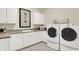 Well-organized laundry room featuring white cabinets, countertops, and modern washer and dryer for efficient home maintenance at 14682 Braemar E Ave, Noblesville, IN 46062