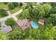 Aerial view displays backyard pool, large deck, and mature trees surrounding a house and fenced yard at 259 Glenbrook Ln, Avon, IN 46123