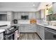 Charming kitchen featuring stainless steel appliances, white countertops, and gray cabinetry at 259 Glenbrook Ln, Avon, IN 46123