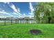Fenced backyard with pond view and lush landscaping at 2615 Pumpkin Patch Ln, Indianapolis, IN 46229