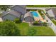 Aerial view of home featuring a fenced in backyard, in-ground pool, lush green lawn, and pool house at 2872 N Prairie Stream Way, Columbus, IN 47203
