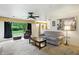 Comfortable living room with carpet flooring, ceiling fan, sofa, and large picture window at 4340 Ashbourne Ln, Indianapolis, IN 46226