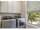 Modern laundry room featuring front-load washer and dryer, white cabinetry, and a bright window at 4446 Lakeridge Dr, Indianapolis, IN 46234