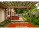Backyard patio featuring a hot tub, wooden pergola, brick details, and lush greenery at 6295 N Olney St, Indianapolis, IN 46220