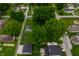 A high angle shot showing the property, surrounding trees and the streets nearby at 7727 Huff St, Indianapolis, IN 46259