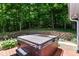 Outdoor hot tub on a wooden deck with a lush green forest backdrop at 8004 Lafayette Rd, Indianapolis, IN 46278