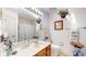 A simple bathroom with a large mirror, hanging flower baskets and neutral decor at 1067 Acadia Ct, Indianapolis, IN 46217