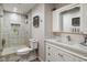 This bathroom has a glass-enclosed shower, a granite countertop, and a framed vanity mirror at 3707 E Wilson Dr, Mooresville, IN 46158