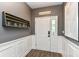 Inviting foyer with elegant wainscoting, decorative shelving, and a bright white front door at 561 Farnham Dr, Westfield, IN 46074