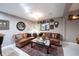 Finished basement living room with leather couches, vintage rug, coffee table, and classic decor at 10707 Burning Ridge Ln, Fishers, IN 46037