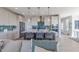 Living space with modern kitchen featuring stainless appliances, teal backsplash, and island seating at 16067 Meadow Frost Ct, Fishers, IN 46037