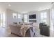 Cozy living room featuring a modern fireplace, stylish seating, and large windows overlooking a peaceful view at 16067 Meadow Frost Ct, Fishers, IN 46037