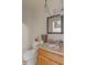 Small bathroom featuring a sink, toilet, mirror, and dated light fixtures at 31 Brooklyn Ct, Mooresville, IN 46158