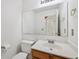 Clean bathroom featuring a vanity with wood cabinets, toilet, and large mirror at 5269 Deer Creek Dr, Indianapolis, IN 46254