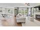 Spacious living room featuring wood floors, fireplace, and abundant natural light from many windows at 5917 Bartley Dr, Noblesville, IN 46062