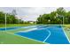 Outdoor basketball court with multiple hoops, surrounded by lush greenery, offering a great recreational space at 6771 Woodcliff Cir, Zionsville, IN 46077