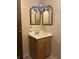 Bathroom vanity with a wood cabinet, single sink, framed mirrors, and vintage light fixture at 8875 N Goat Hollow Rd, Mooresville, IN 46158