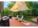 Comfortable back deck features a grill, seating area, wooden railing, and shade covering for outdoor entertaining at 11059 W Old Nashville Rd, Columbus, IN 47201