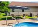 Outdoor scene featuring an in-ground pool with adjacent seating, an umbrella, and manicured lawn, ideal for backyard gatherings at 11059 W Old Nashville Rd, Columbus, IN 47201
