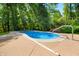 Backyard pool with clean blue water is surrounded by a concrete patio and lush greenery providing a relaxing retreat at 11059 W Old Nashville Rd, Columbus, IN 47201