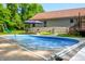 Sparkling in-ground pool with a patio area that includes an umbrella and seating, perfect for enjoying sunny days in the backyard at 11059 W Old Nashville Rd, Columbus, IN 47201