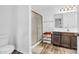Bathroom features a glass enclosed shower, vanity, and neutral colored walls at 1181 S Aberdeen Dr, Franklin, IN 46131