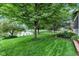 Landscaped backyard with lush green lawn and mature trees overlooking a lake at 12234 Limestone Dr, Fishers, IN 46037