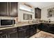 Close up of wet bar with dark cabinets, granite counters, stainless steel appliances, and bar sink at 15410 Mission Hills Dr, Carmel, IN 46033