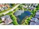 Neighborhood aerial showcases pond with landscaped shoreline and residential surroundings at 15529 Mission Hills Dr, Carmel, IN 46033