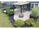 Well-manicured backyard featuring a concrete patio, fire pit, and covered grilling area at 21491 Raccoon Ct, Noblesville, IN 46062