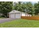 Two-car garage with white doors, red trim, eagle ornament and private, fenced backyard at 409 N Sycamore St, Martinsville, IN 46151