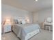 This is a beautifully staged main bedroom with soft, neutral colors and plush bedding at 853 Woodbridge Way, Lebanon, IN 46052